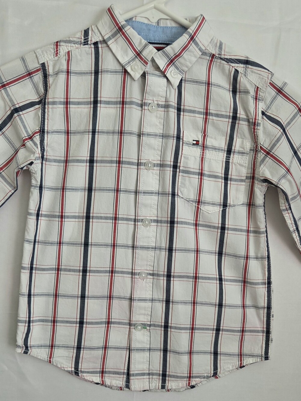 Tommy Hilfiger White Plaid Button-Down Shirt with Navy & Red Stripes Boys 6